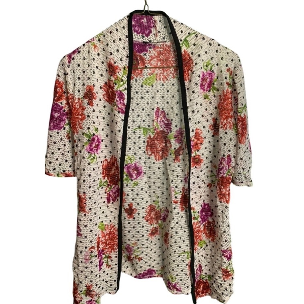 J.M. Fleurette Floral Polka Dot Mesh Open Front Cardigan Short Sleeve Large